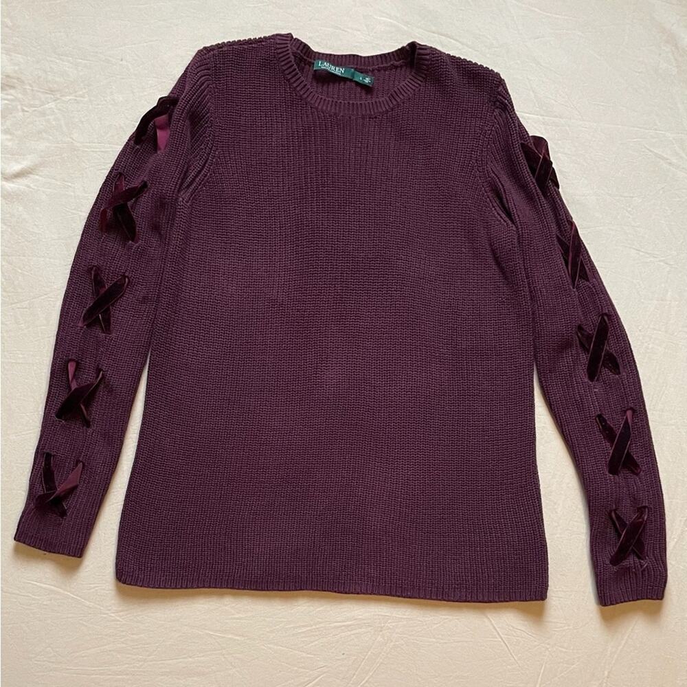 Lauren Ralph Lauren Burgundy Sweater with Velvet Ribbon Details Size Large